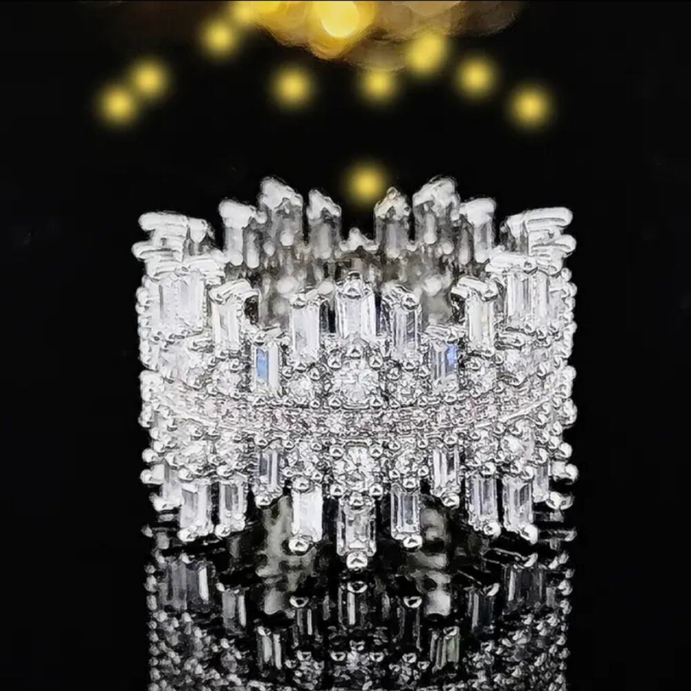Sterling Silver Eternity Band Ring, Baguette, Micro Paved, Cubic Zircon, Luxury